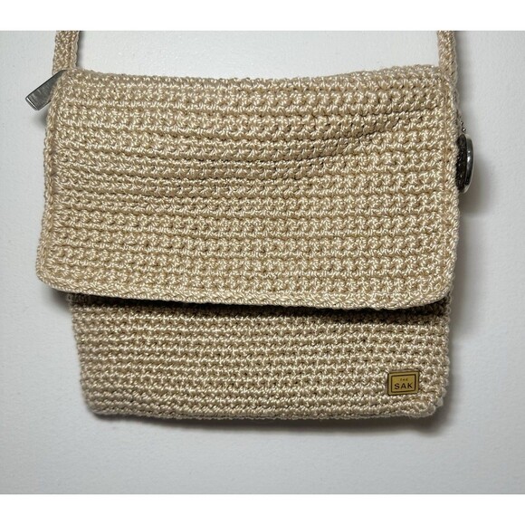 The Sak Handbags - The Sak Gold Metallic Crochet Crossbody Bag Boho Knit Small Flap Purse